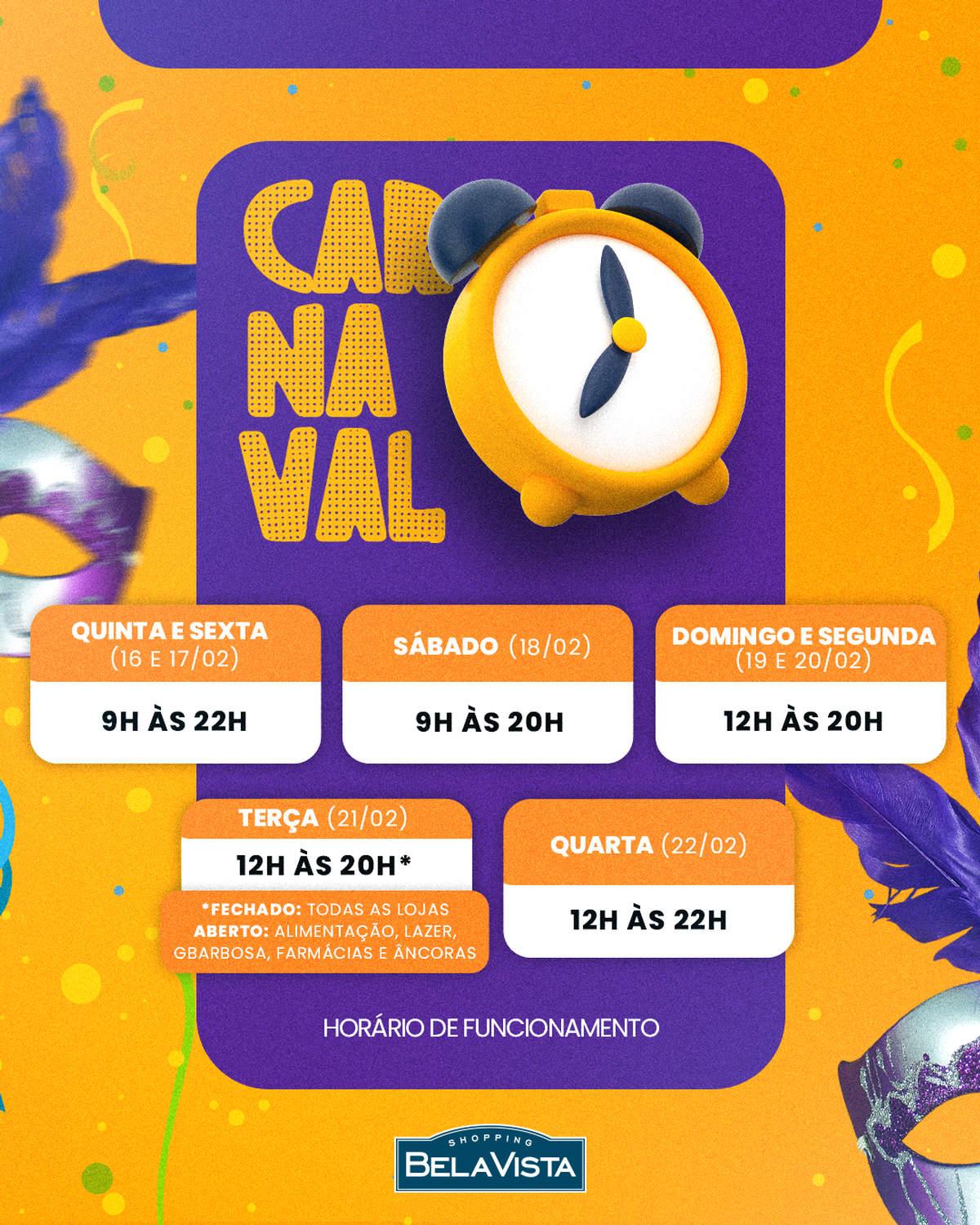 Confira o horário de funcionamento do Shopping Bela Vista no Carnaval
